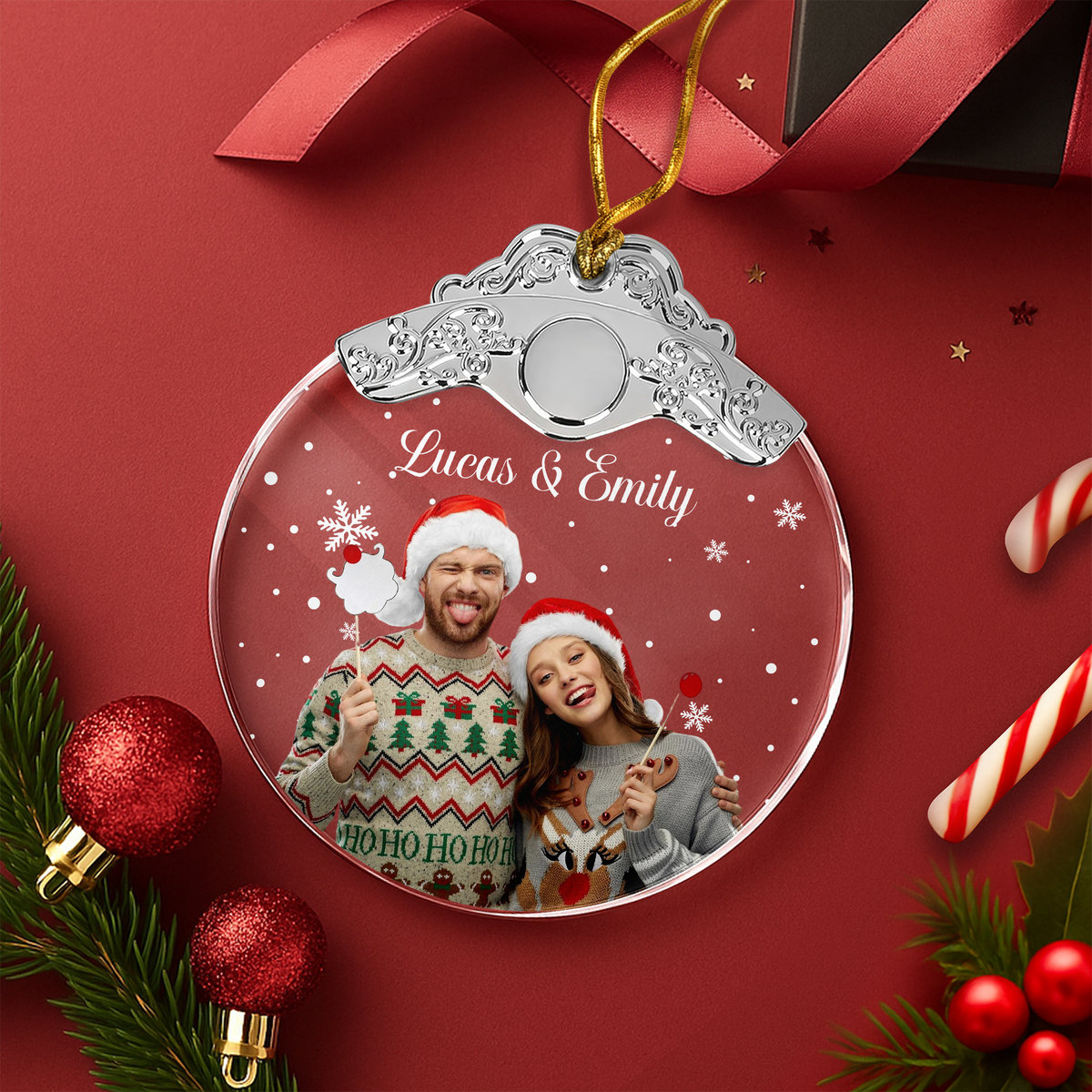 Custom Photo Couple Metal Glass Ornament For Christmas HA75 897178
