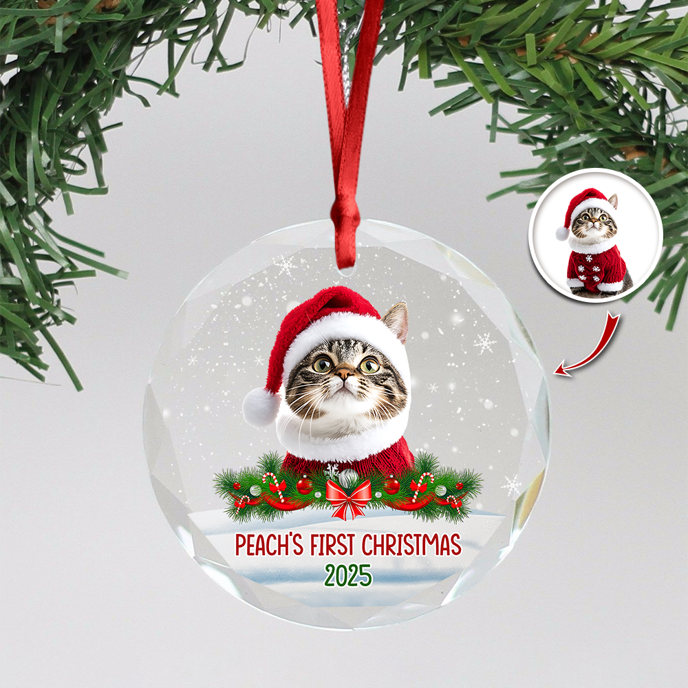 Custom Photo Cat First Christmas Glass Ornament HA75 897260