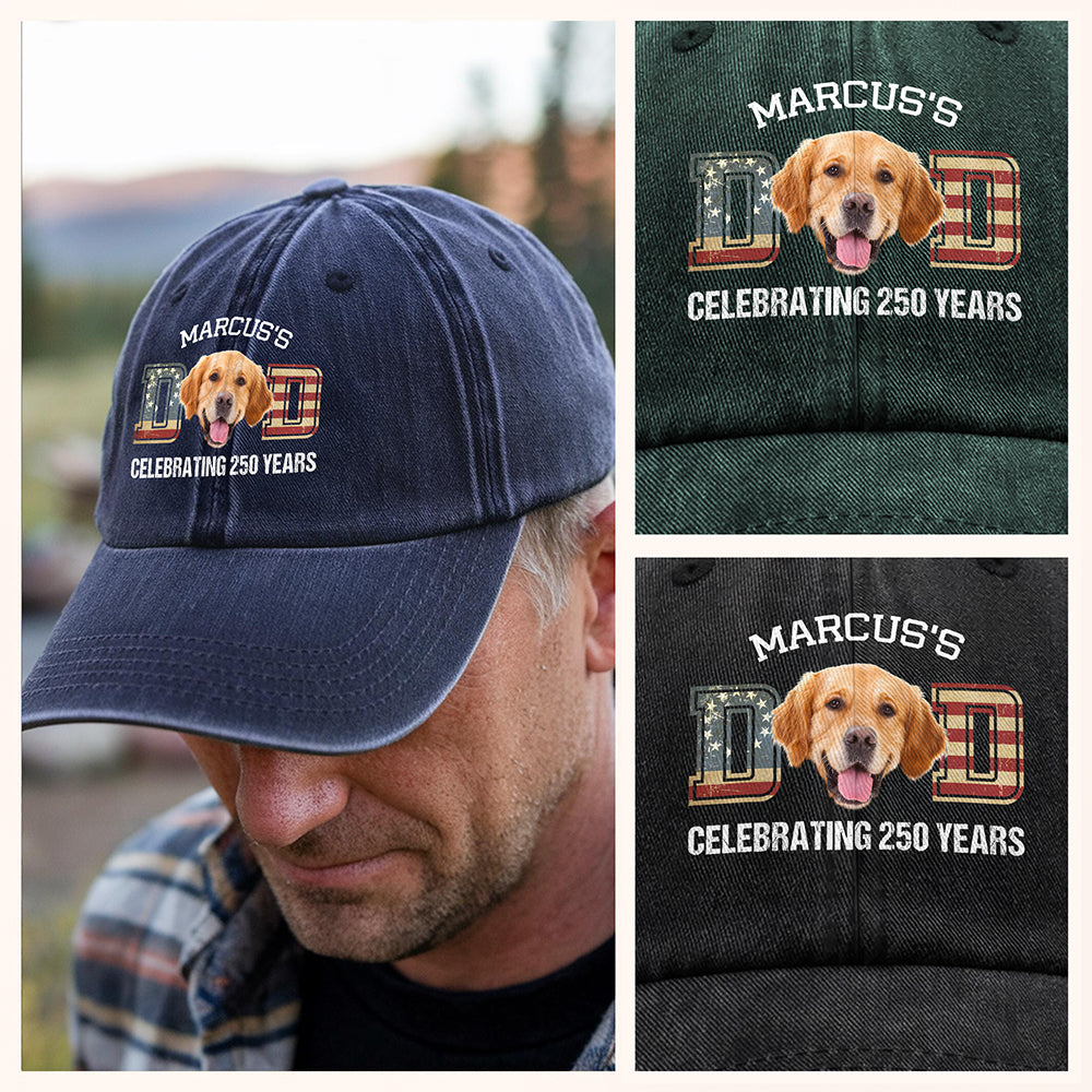 Custom Photo Dog Cat Dad Mom Celebrating 250 Years Washed Denim Baseball Cap HO82 900326
