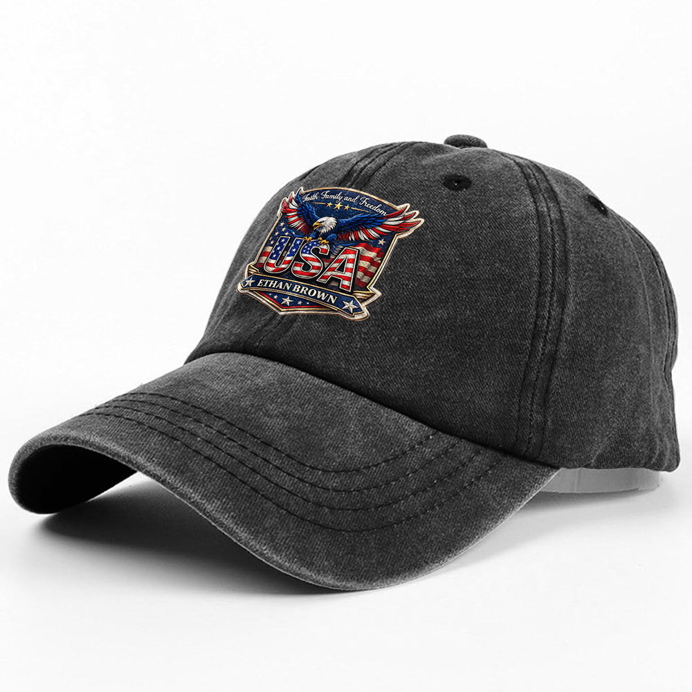 Personalized Faith, Family & Freedom America 250 Years Washed Denim Baseball Cap HA75 921018