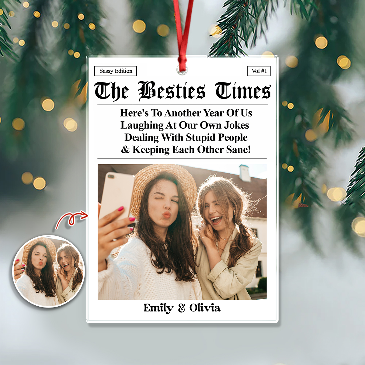 Custom Photo Bestie Time Here's To Another Year Of Us Newspaper Acrylic Ornament LM32 895435