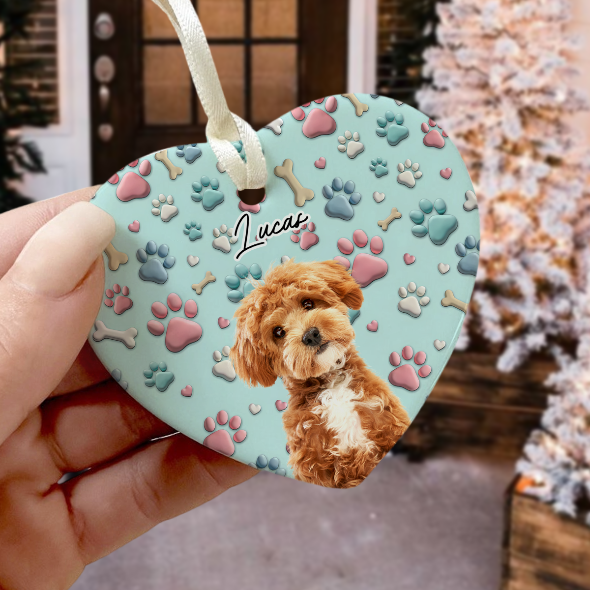 Custom Photo Lovely Dog Cat 3D Effect Heart Shaped Ceramic Ornament HA75 898194