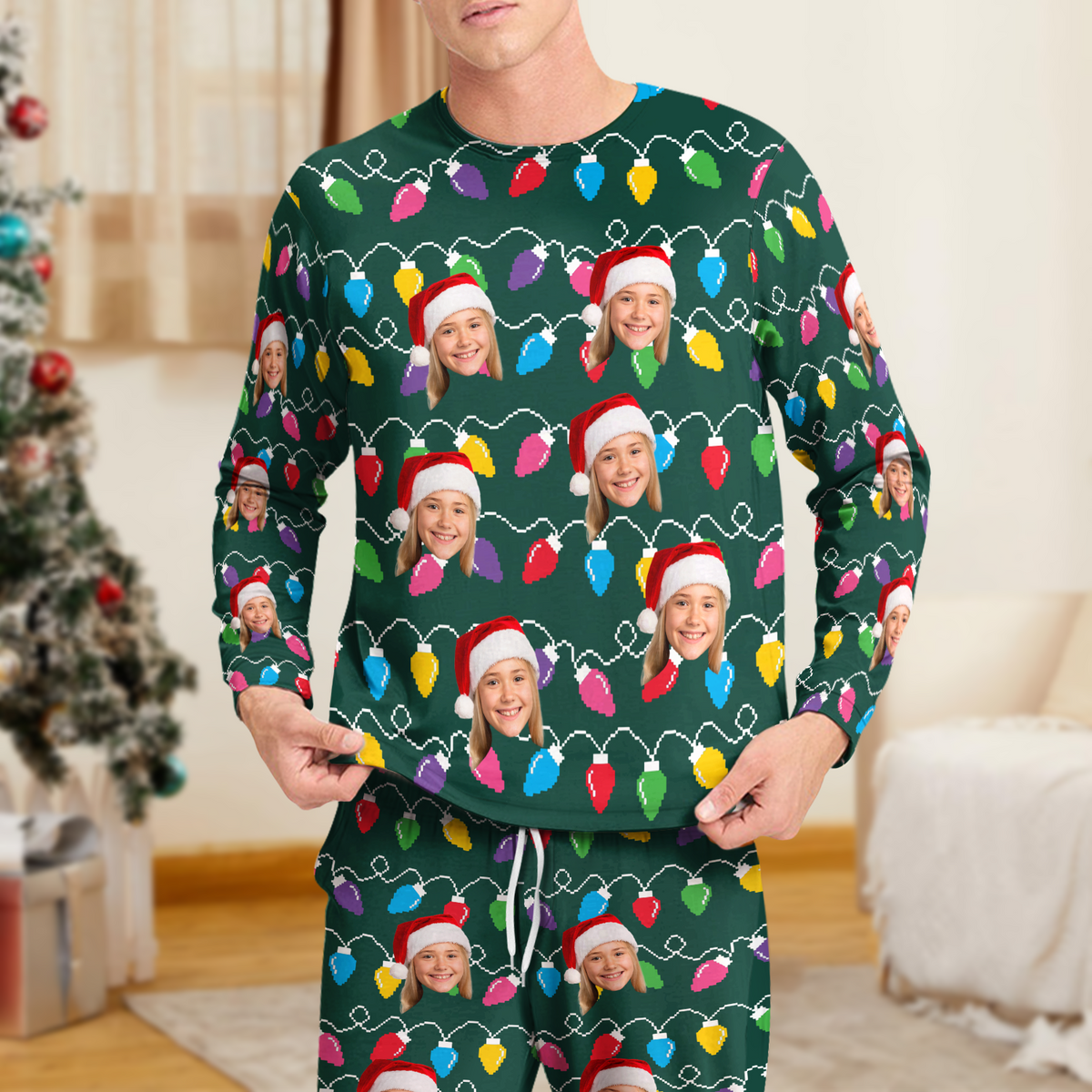 Custom Human Face Photo With Colorful Christmas Lights Sleepwear HO82 900026