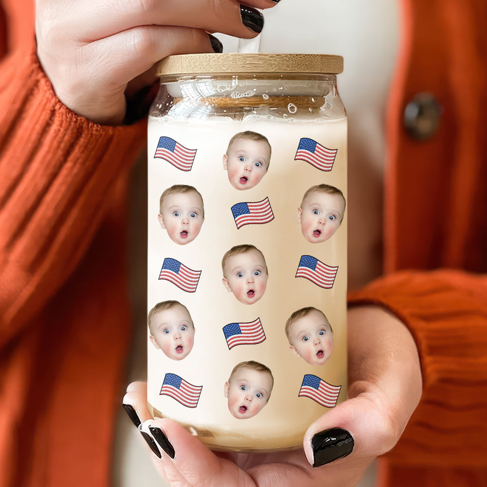 Custom Human Face With Icon US Flag Glass Can With Lid Family Gift HA75 920358