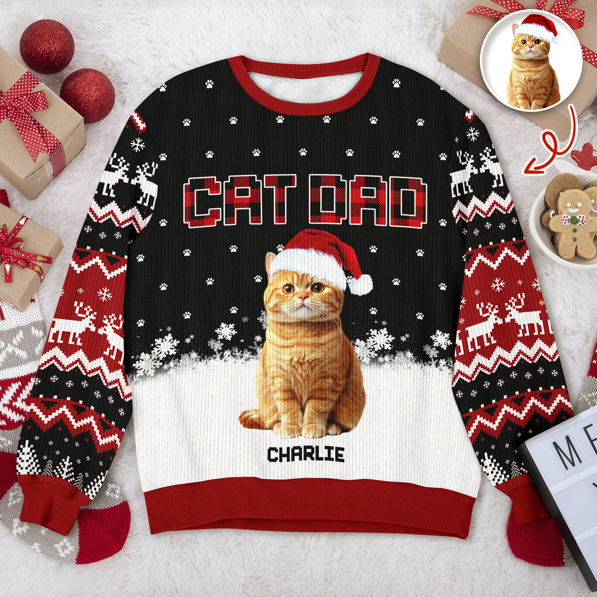 Custom Cat Photo - Cat Mom Cat Dad Christmas Pattern Ugly Sweater Christmas Gift HA75 897612