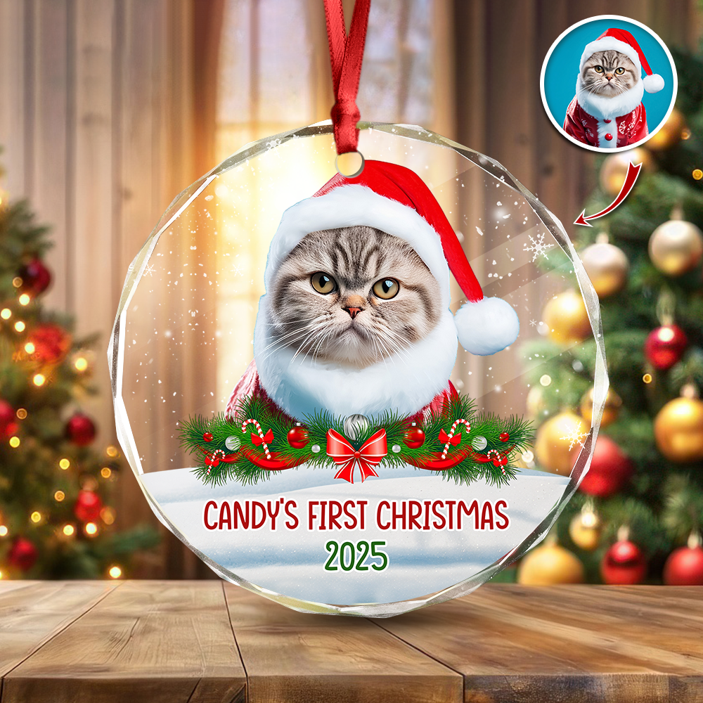 Custom Photo Cat First Christmas Glass Ornament HA75 897260