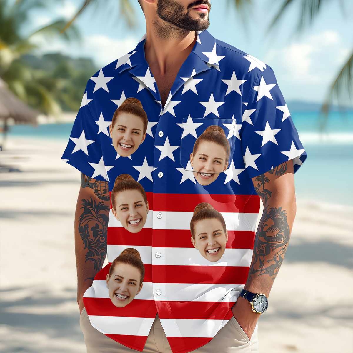Custom Face American Flag Hawaiian Shirt Personalized Funny Independence Day Gift CH07 896108