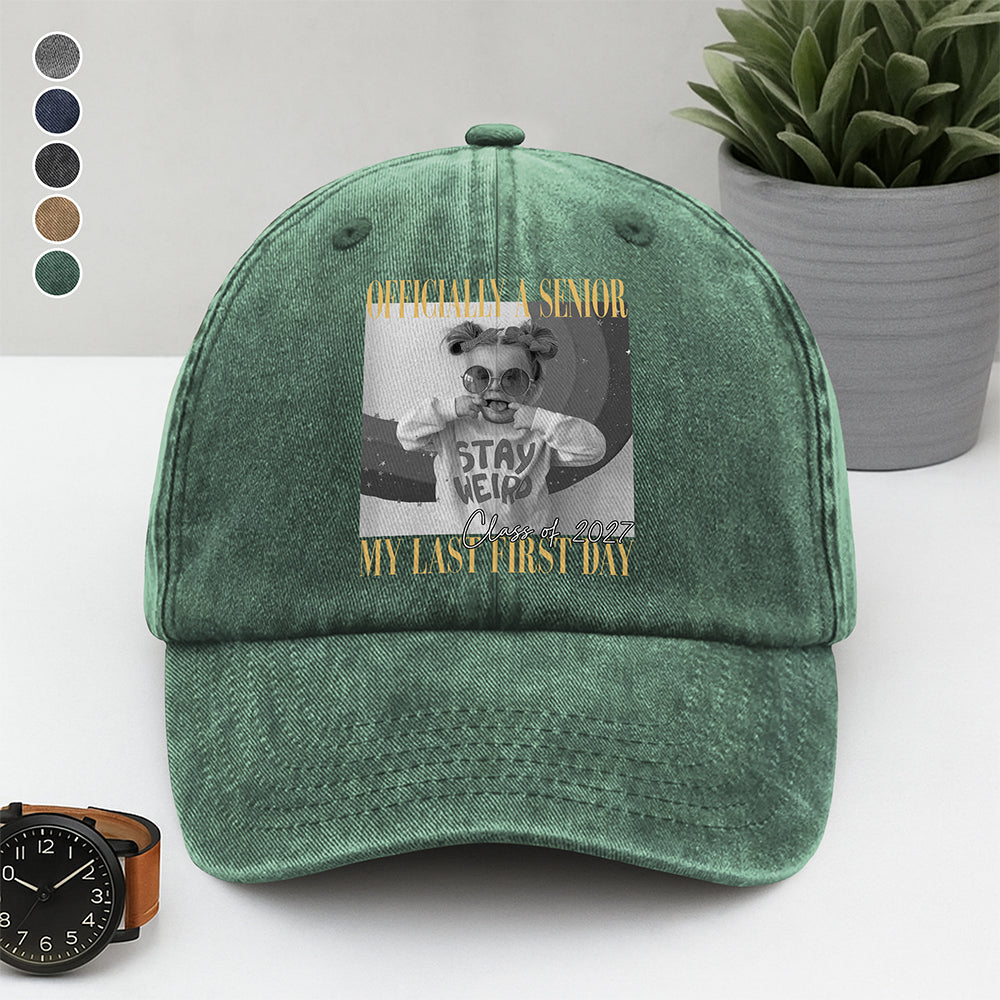 Personalised Vintage Photo And Year Senior - Officially A Senior - My Last First Day Washed Denim Baseball Cap HA75 922070