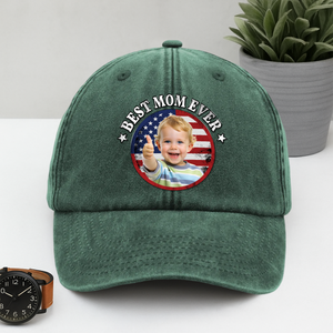 Custom Photo Best Dad Ever With US Flag Washed Denim Baseball Cap HA75 892528