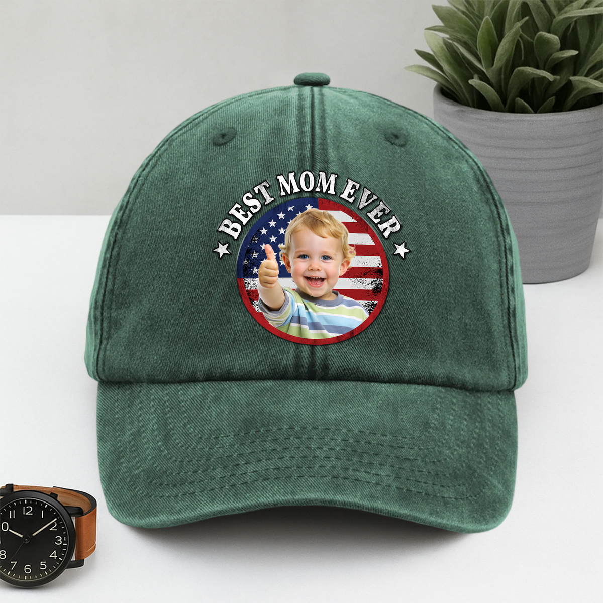 Custom Photo Best Dad Ever With US Flag Washed Denim Baseball Cap HA75 892528
