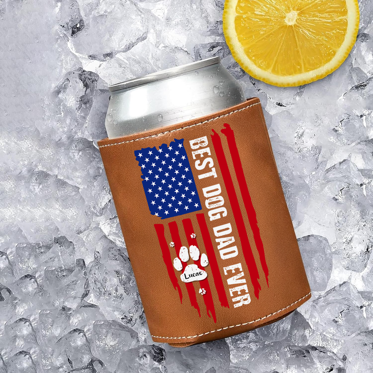 Best Dog Dad Ever Paw American Flag Leather Can Cooler Holder Gift For Dog Lovers HO82 894106