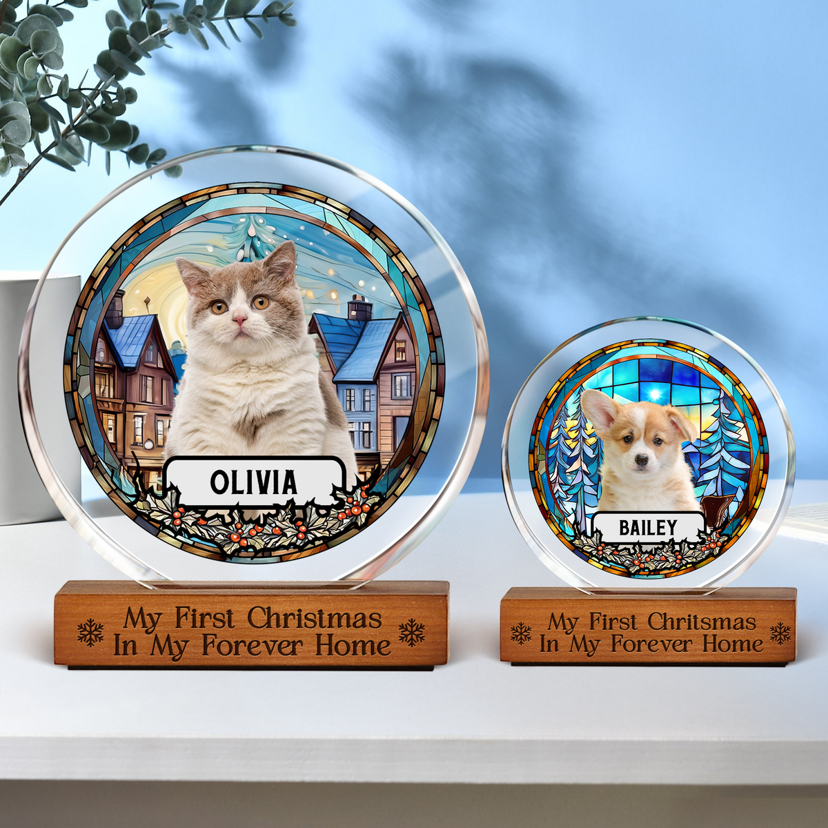Custom Photo and Name Christmas Dog Cat Round Acrylic Frame Block CH07 899020