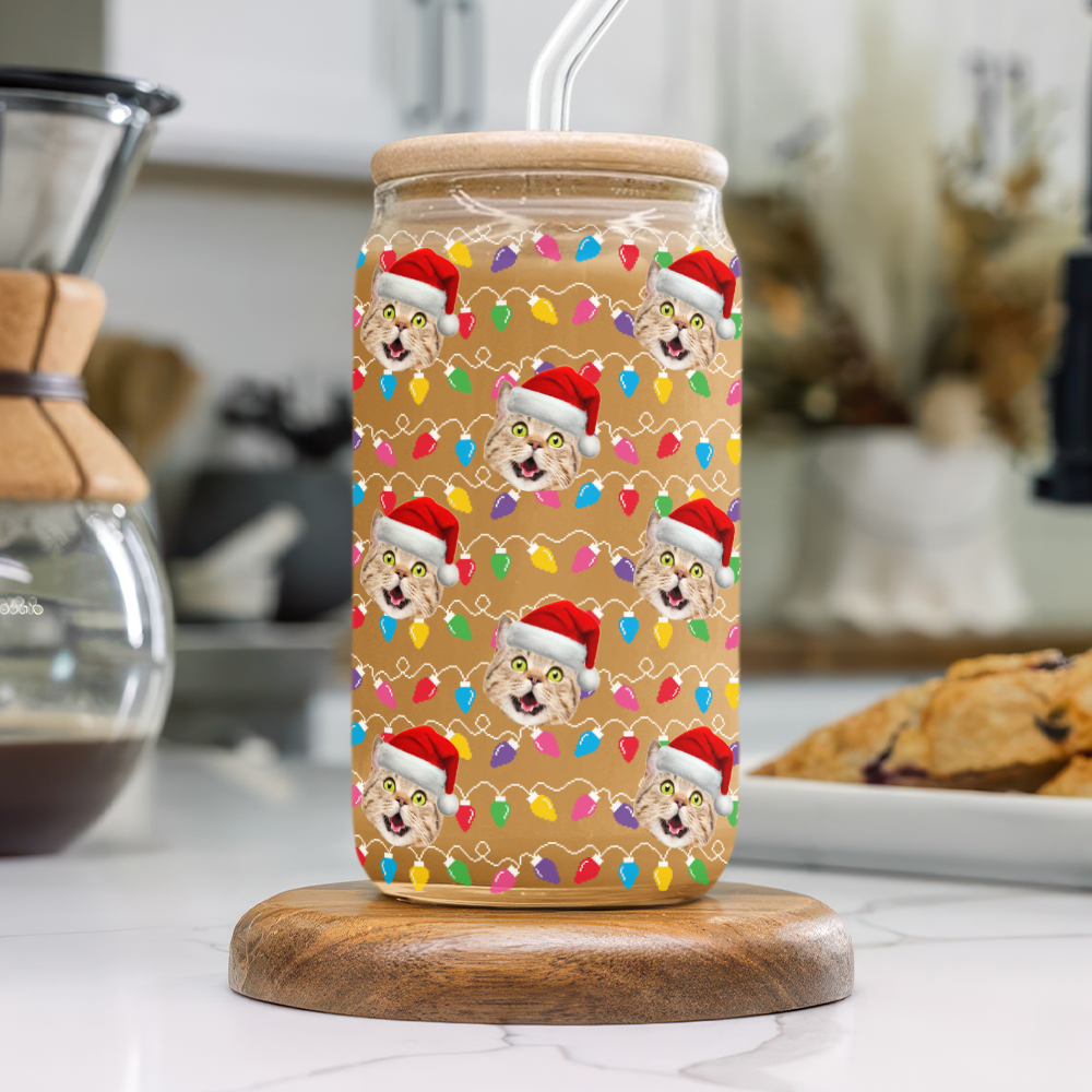 Custom Photo Dog Cat With Colorful Christmas Lights Glass Can With Lid For Dog Cat Lovers HA75 898328