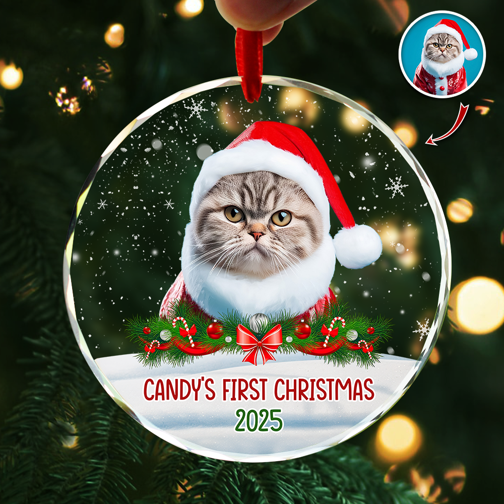 Custom Photo Cat First Christmas Glass Ornament HA75 897260