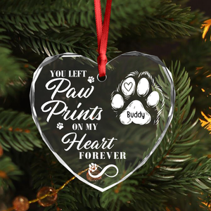 You Left Paw Prints On Our Hearts Forever Personalized Dog Memorial Heart Shaped Glass Ornament CH07 896604