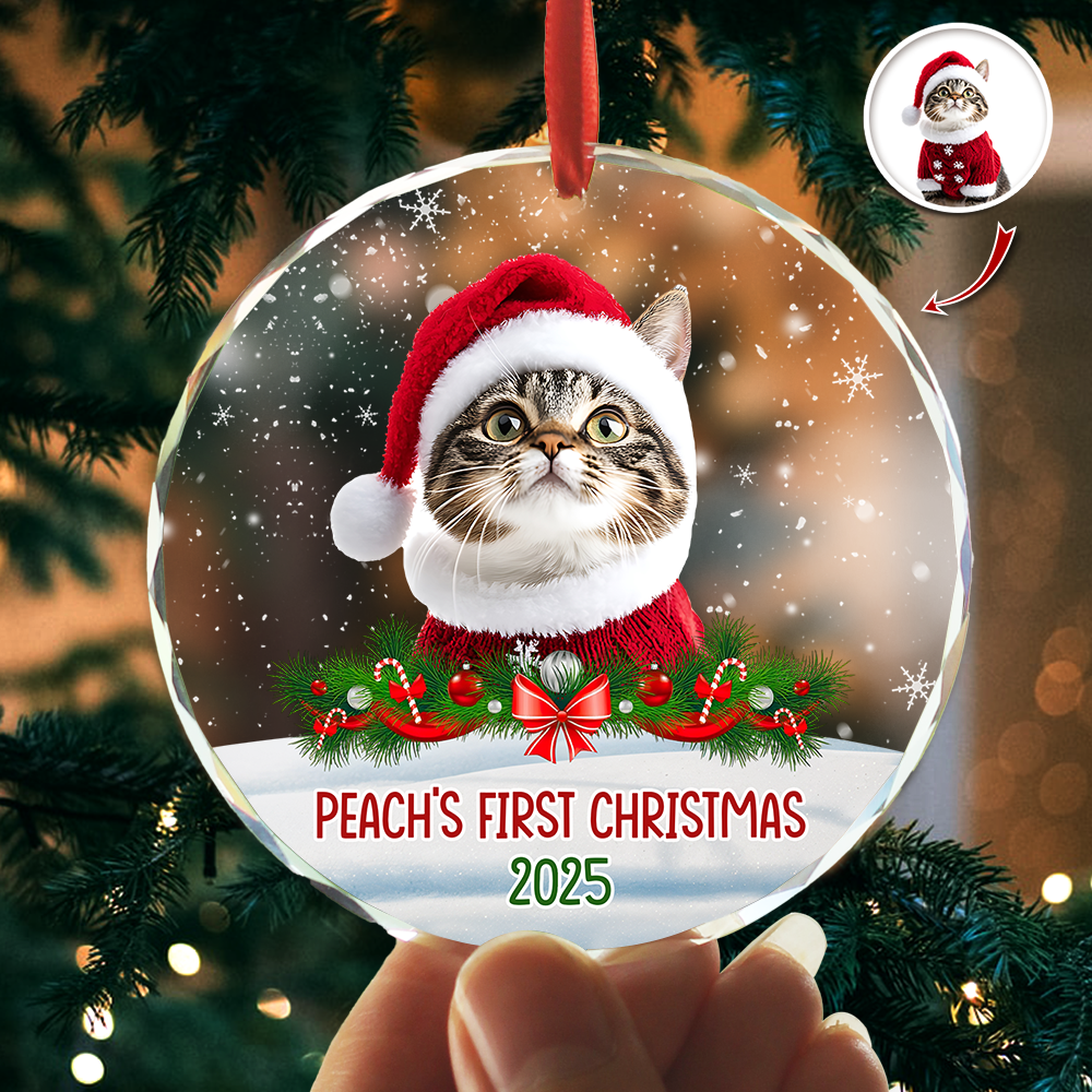 Custom Photo Cat First Christmas Glass Ornament HA75 897260
