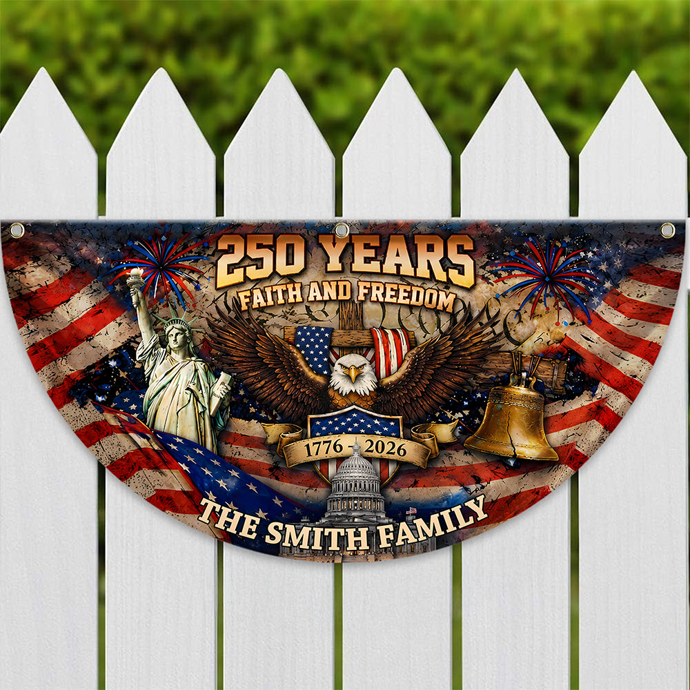Custom Family Name 250 Years Faith and Freedom 1776–2026 Eagle Non-Pleated Fan Flag LM32 669175