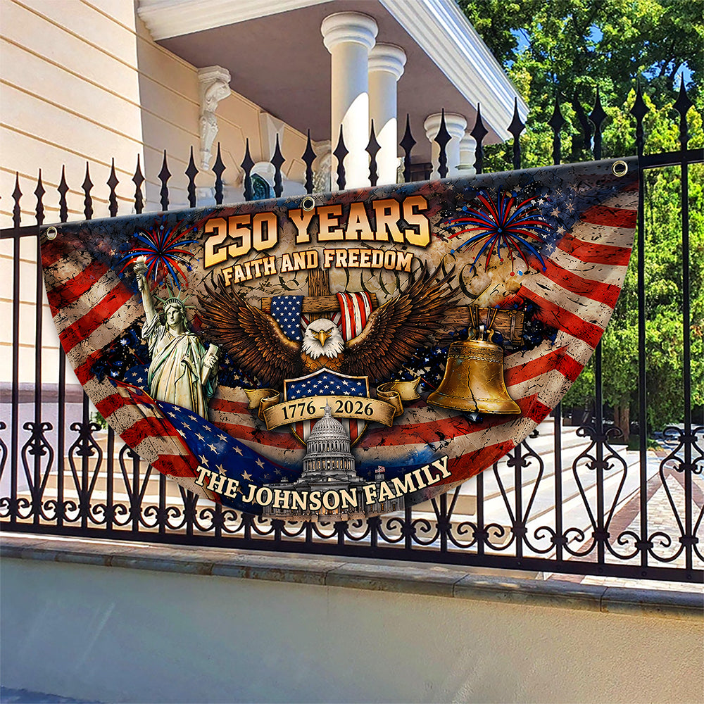 Custom Family Name 250 Years Faith and Freedom 1776–2026 Eagle Non-Pleated Fan Flag LM32 669175