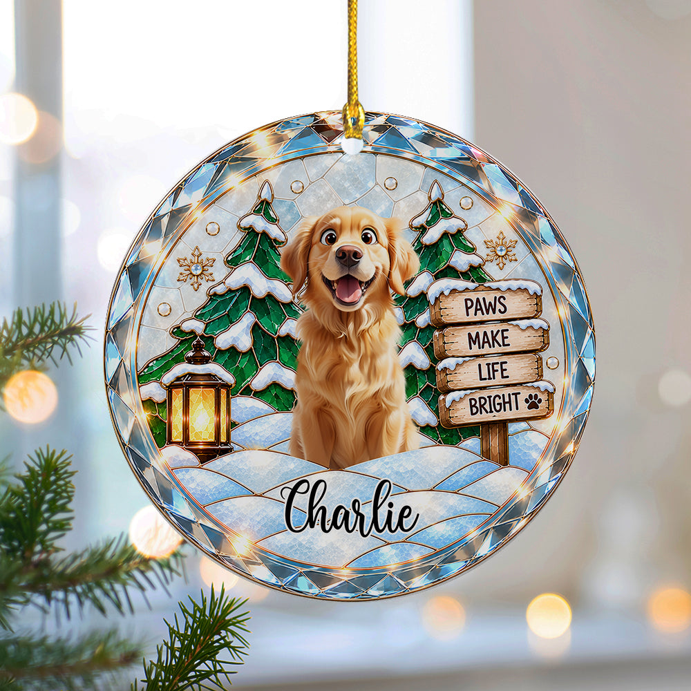 Custom Dog Photo Paws Make Life Bright Stained Glass Design Ceramic Ornament LM32 669981