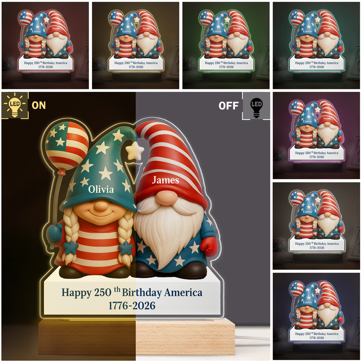 Custom Gnome Couple Happy 250th Anniversary American LED Night Light Plaque LM32 897241