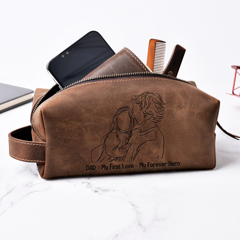 Custom Dad And Kids Photo Drawing Style Engraved Men's Leather Toiletry Bag HO82 894224