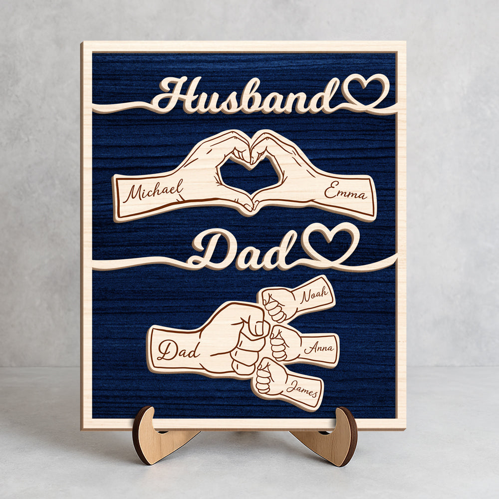 Custom Names Fist Bump Husband, Dad 2-Layered Wooden Plaque With Stand Gift For Dad, Husband HA75 921036