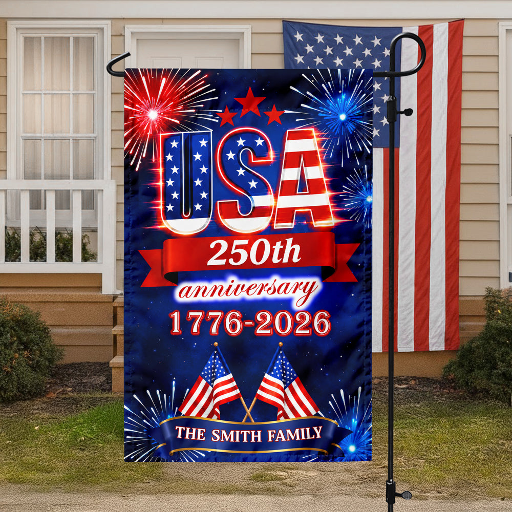 Custom Family Name USA 250th Anniversary 1776-2026 Fireworks Garden Flag LM32 669179