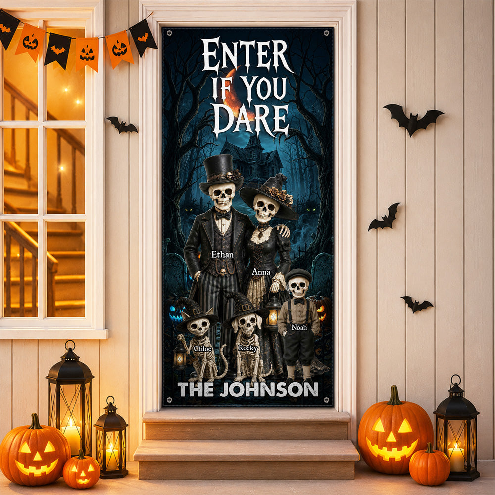 Personalized Welcome, Foolish Mortals Gothic Skeleton Family Halloween Door Cover CH07 180202