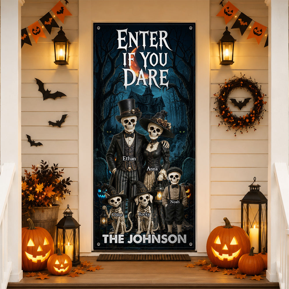 Personalized Welcome, Foolish Mortals Gothic Skeleton Family Halloween Door Cover CH07 180202