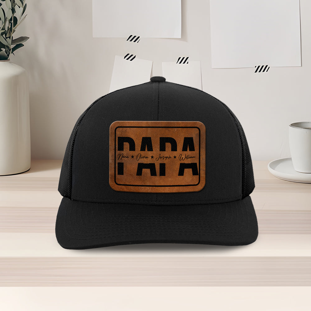 Custom Kid Names Papa Leather Patch Cap, Personalized Gift for Dad HO82 902288