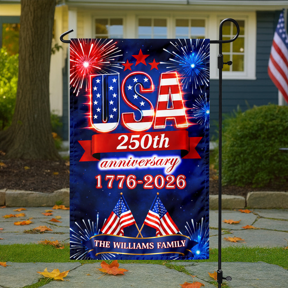 Custom Family Name USA 250th Anniversary 1776-2026 Fireworks Garden Flag LM32 669179