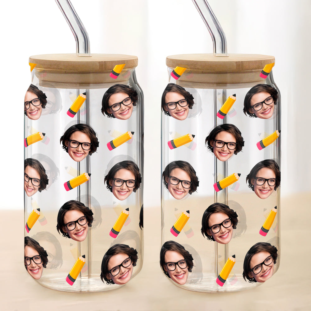 Custom Face Teacher Appreciation Glass Can With Lid Back To School TH10 170413