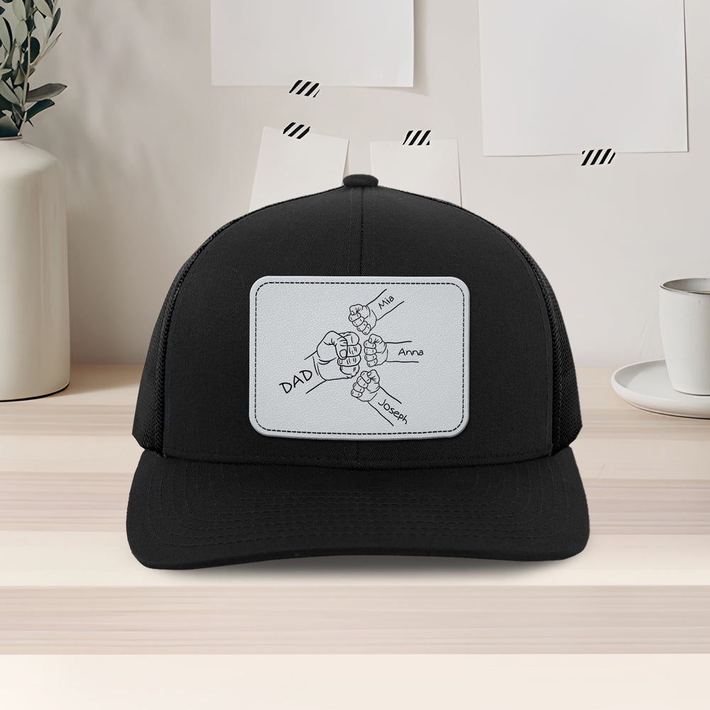 Custom Kid Names Dad Fist Bump Leather Patch Cap, Personalized Gift for Dad HO82 902286