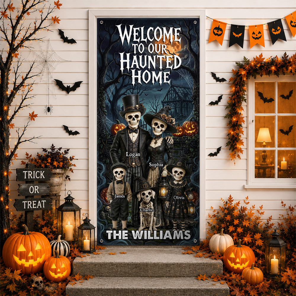 Personalized Welcome, Foolish Mortals Gothic Skeleton Family Halloween Door Cover CH07 180202