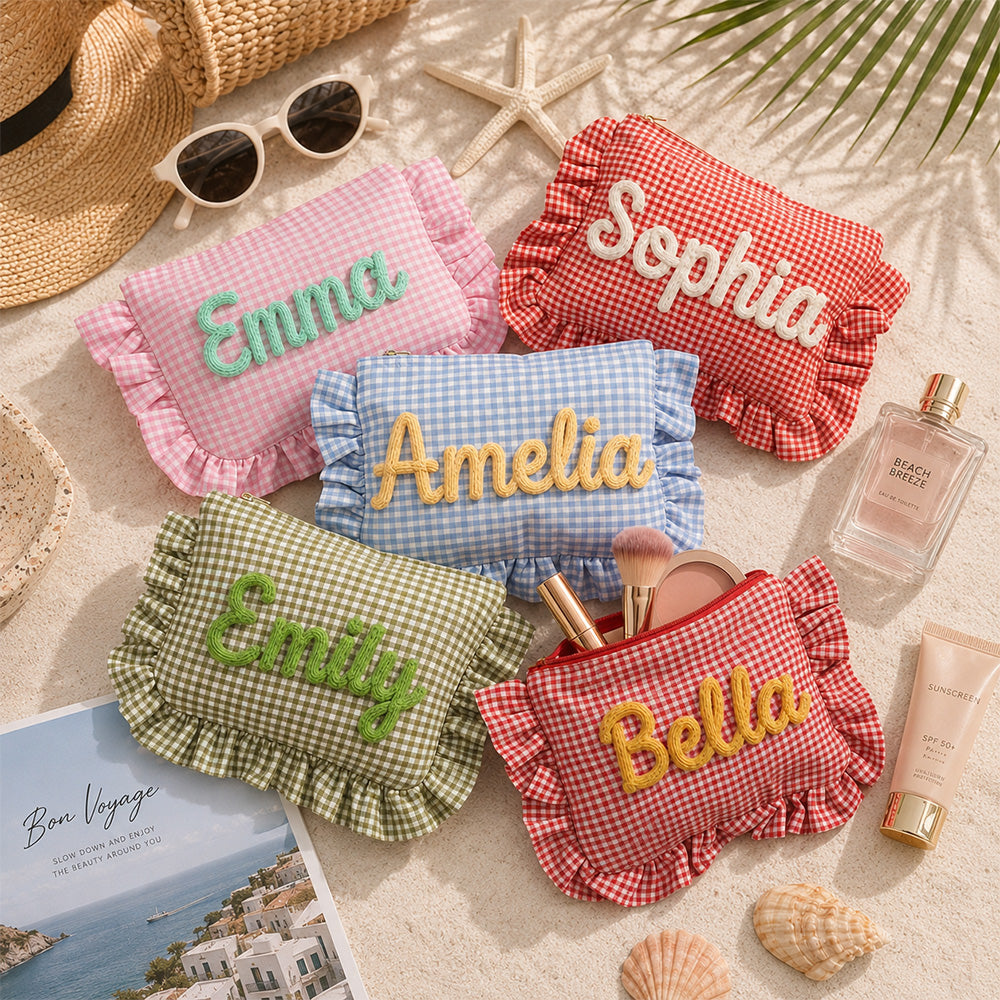 Custom Name Gingham Ruffle Cosmetic Bag - Personalized Gift for Her CH07 180034