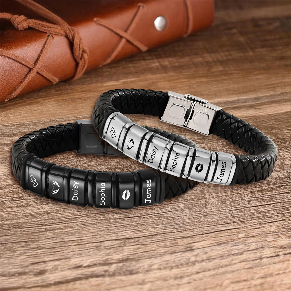 Personalized Name Adorable Icon Mens Beaded Leather Bracelet Gift For Dad, Family LM32 893659