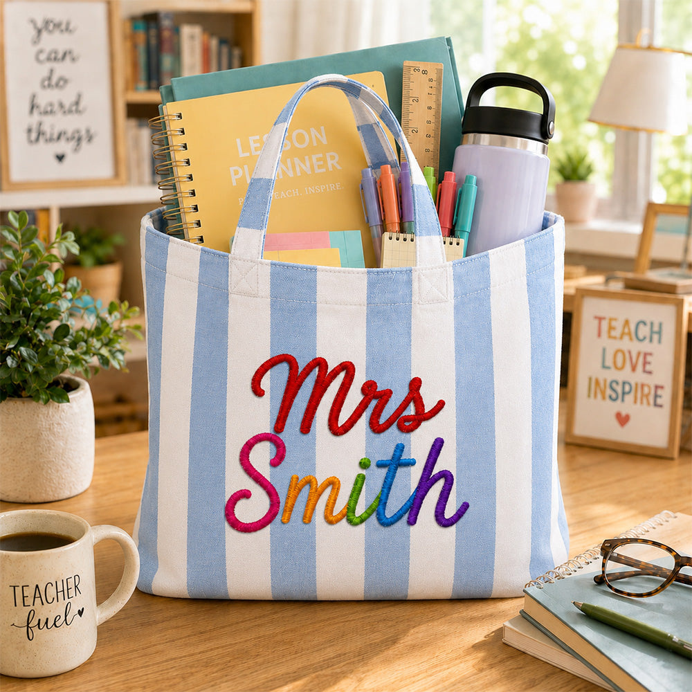 Personalized Teacher Name Embroidered Striped Tote Bag Back To School Gift CH07 911810