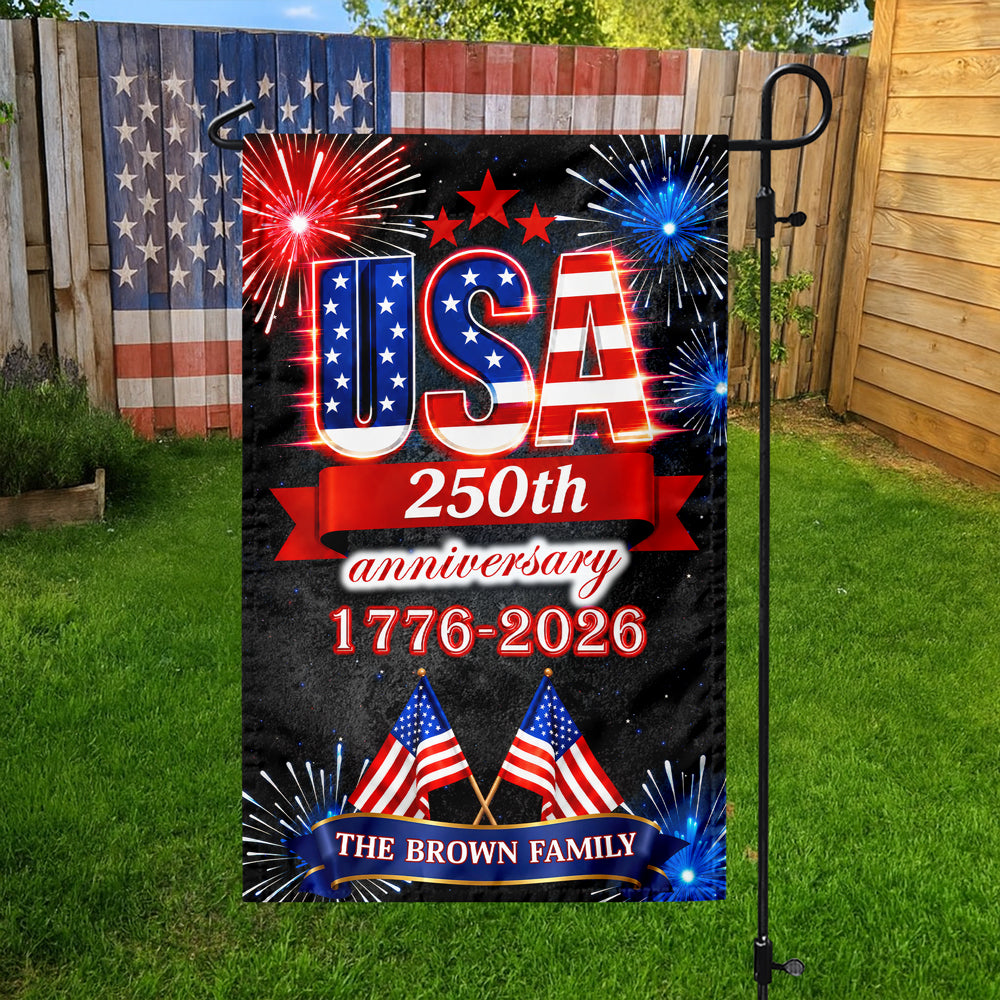 Custom Family Name USA 250th Anniversary 1776-2026 Fireworks Garden Flag LM32 669179