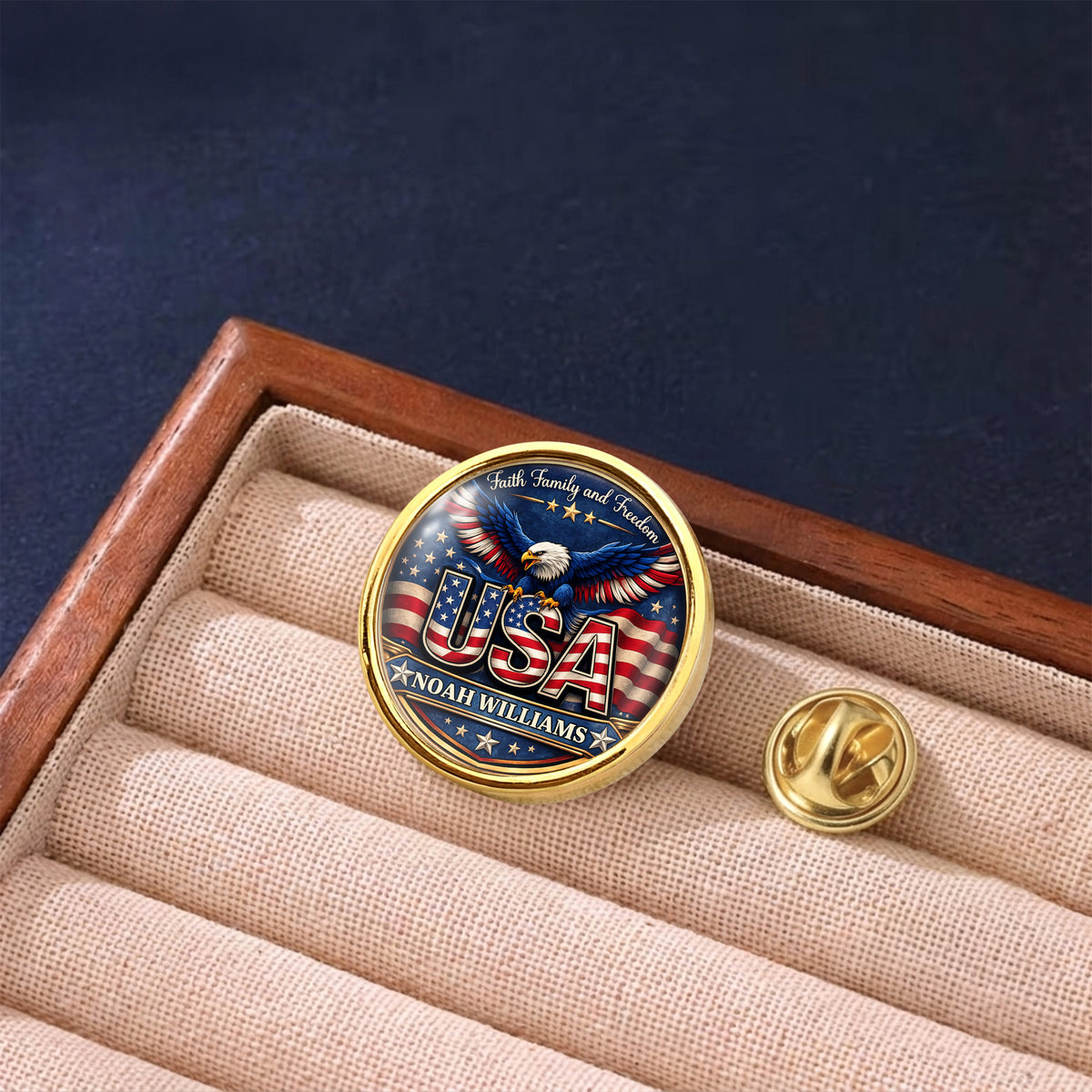 Custom Name Faith Family and Freedom USA Flag Eagle Lapel Pin – Patriotic American Gift LM32 899683
