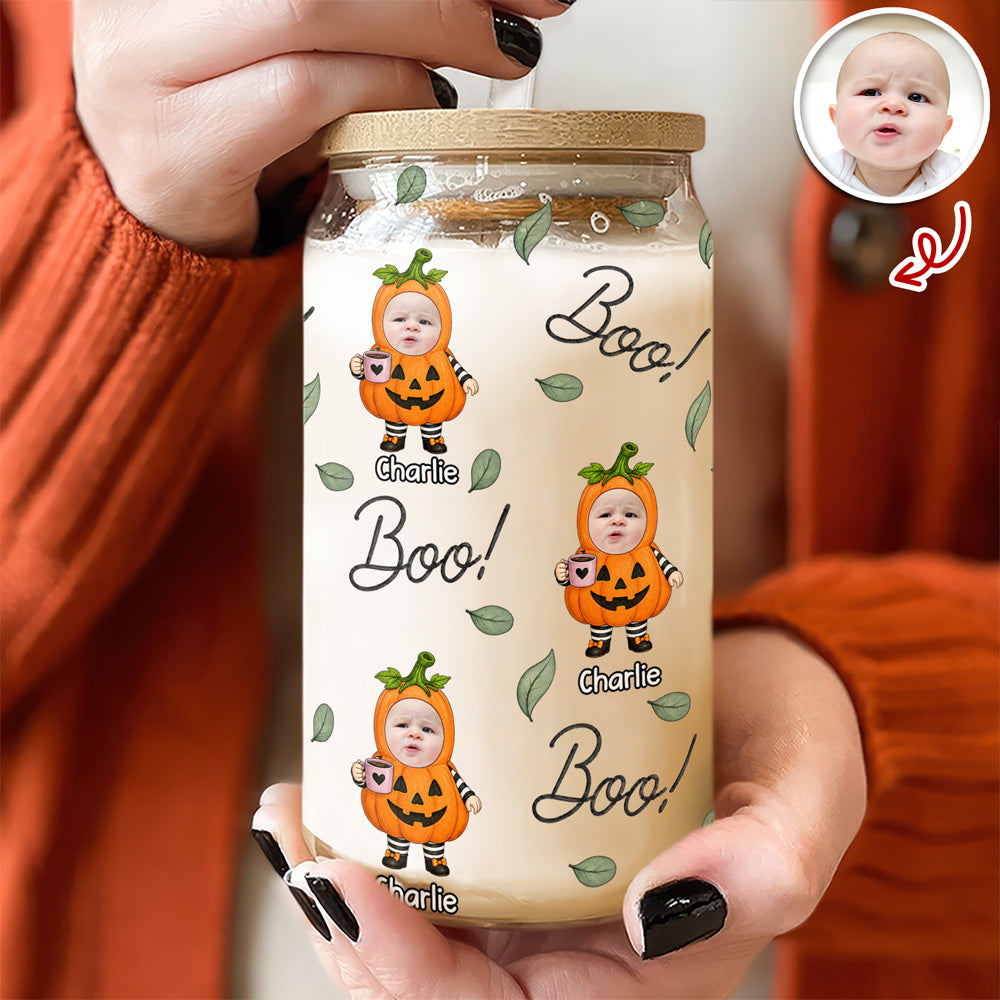 Custom Funny Face Little Boo Halloween Pattern Glass Can With Lid - Personalized Spooky Halloween Gift LM32 669585