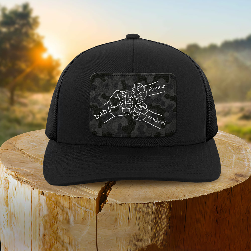 Custom Kid Names Dad Fist Bump Leather Patch Cap, Personalized Gift for Dad HO82 902286