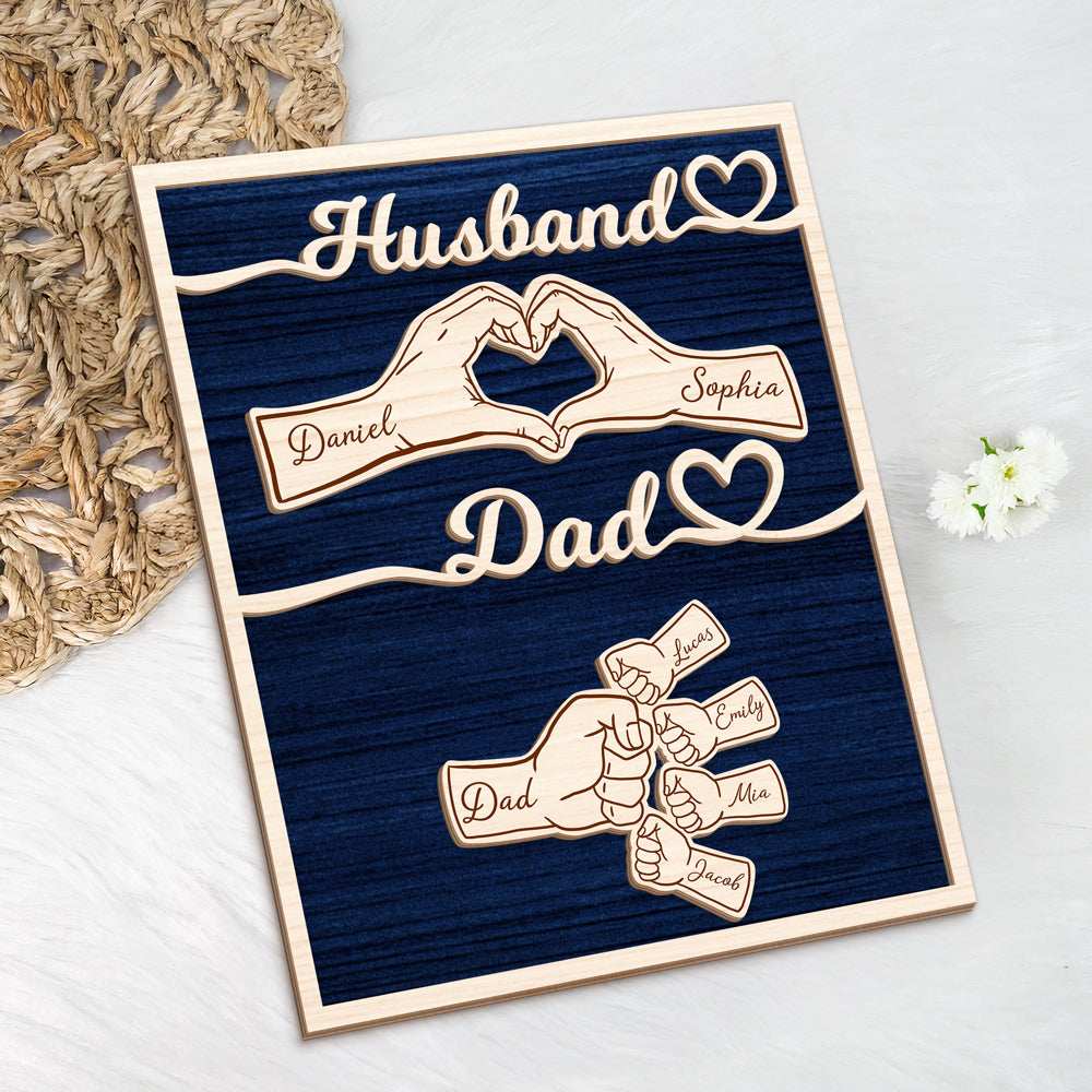 Custom Names Fist Bump Husband, Dad 2-Layered Wooden Plaque With Stand Gift For Dad, Husband HA75 921036
