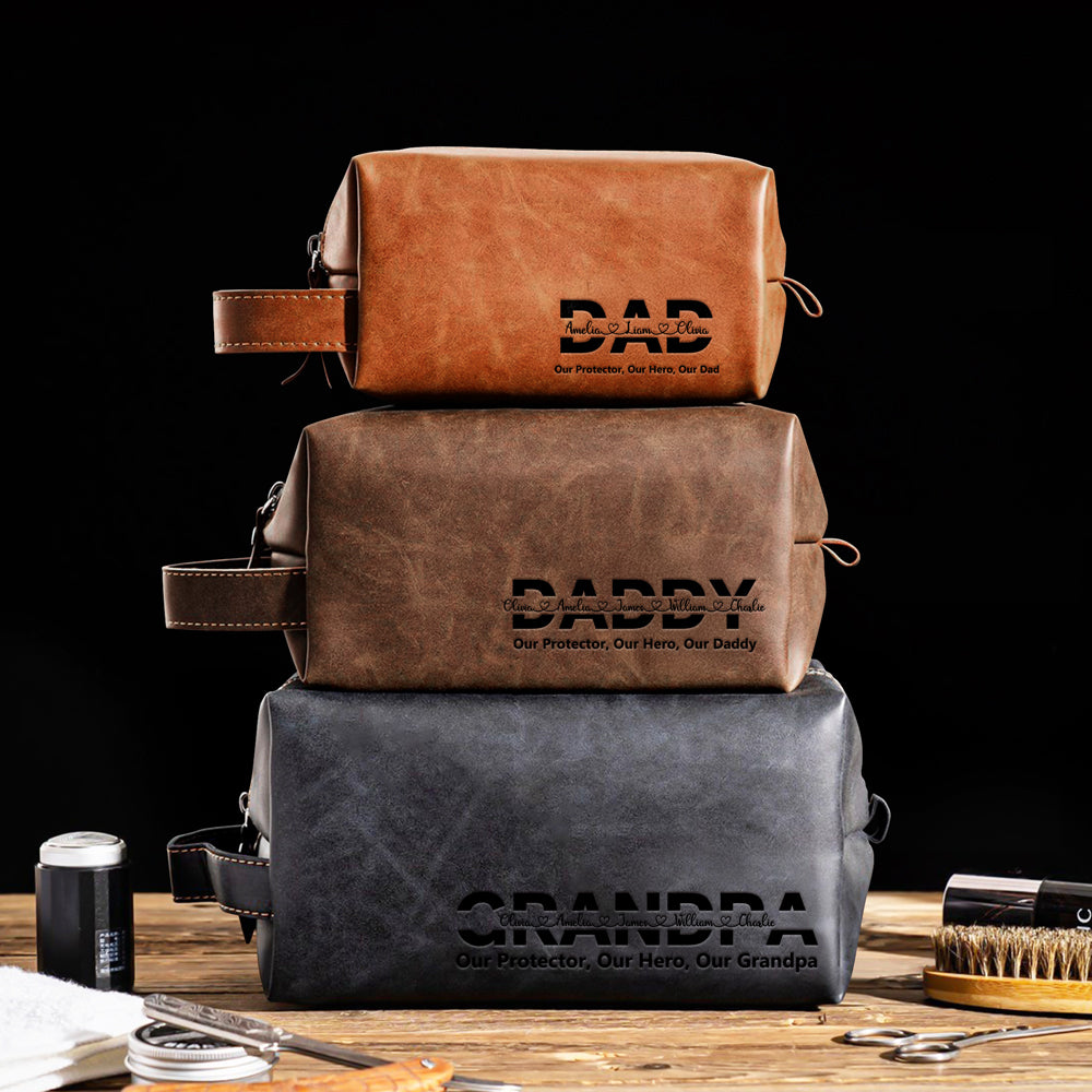 Personalized Dad And Kids Names Engraved Leather Toiletry Bag HO82 894194