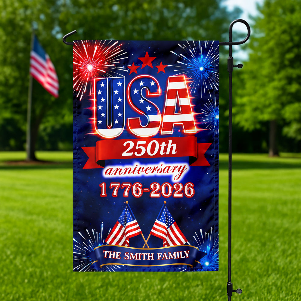 Custom Family Name USA 250th Anniversary 1776-2026 Fireworks Garden Flag LM32 669179