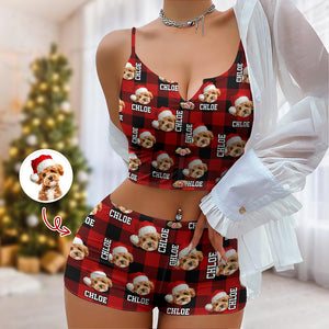 Custom Photo Name Dog Cat Christmas Flannel Appliques Notched Neckline Lingerie Set LM32 893909