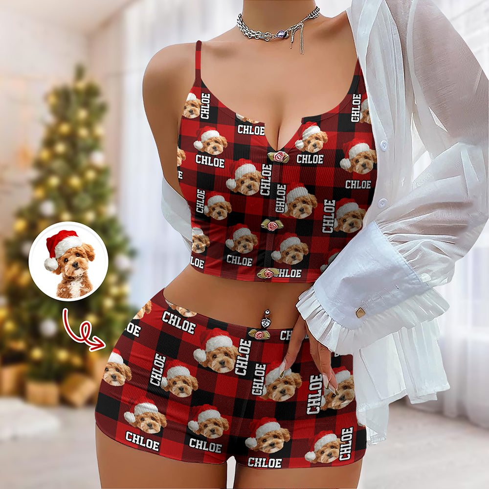 Custom Photo Name Dog Cat Christmas Flannel Appliques Notched Neckline Lingerie Set LM32 893909