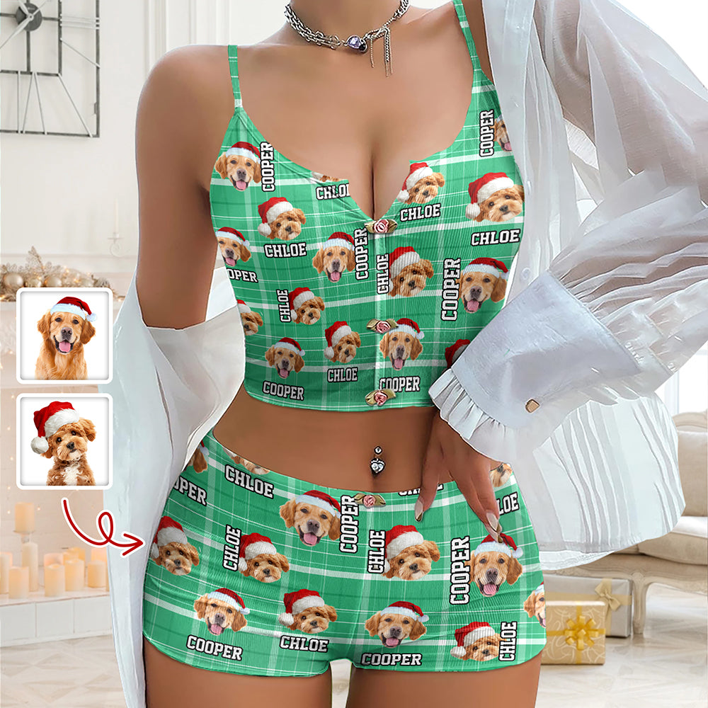 Custom Photo Name Dog Cat Christmas Flannel Appliques Notched Neckline Lingerie Set LM32 893909
