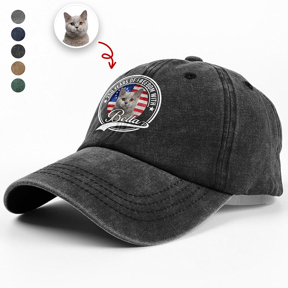 Custom Photo 250 Years Of Freedom With Dog Cat Washed Denim Baseball Cap HO82 894658
