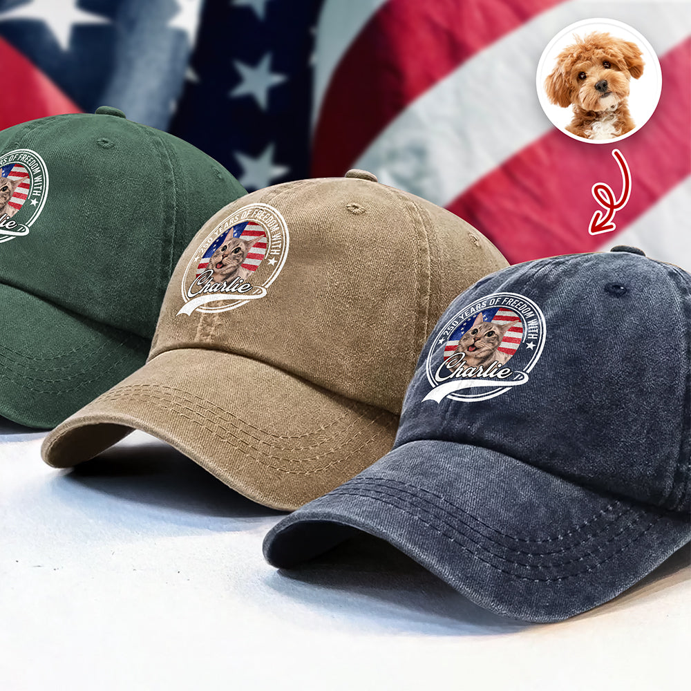 Custom Photo 250 Years Of Freedom With Dog Cat Washed Denim Baseball Cap HO82 894658