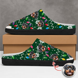 Custom Dog Faces Funny Christmas Lights Plush Slippers HO82 900156